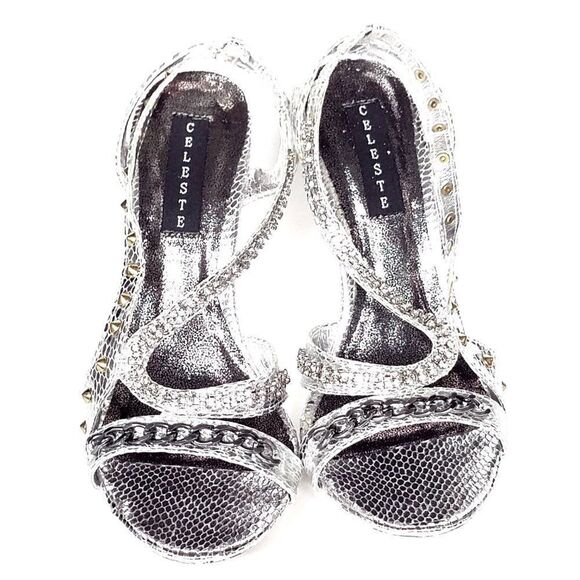 NEW Celeste Metallic Silver Open Toe Studded Stiletto Heels Size 6.5 - Picture 2 of 7